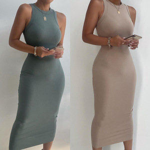 Logo personalizzato Trending Rib Knit Sexy stretto lungo matita Maxi <span class=keywords><strong>vestito</strong></span> senza maniche abiti aderenti donna - Product Image 2