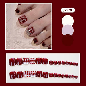 Vin rouge Plaid orteil presse sur <span class=keywords><strong>ongles</strong></span> 24 pièces bordeaux damier <span class=keywords><strong>faux</strong></span> <span class=keywords><strong>ongles</strong></span> avec adhésif pédicure Art gros orteil <span class=keywords><strong>ongles</strong></span> conseils - Product Image 2