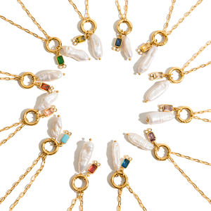J & D 18K oro Acero inoxidable deslustre vidrio de color libre perla de agua dulce circón colgante collar de piedra natal - Product Image 2