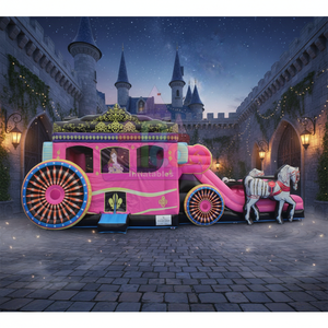 Castillo Inflable con Tobogán, Diseño de Carruaje de Princesa Rosa, con Caballos, para Fiestas de Cumpleaños Infantiles al Aire Libre - Product Image 1