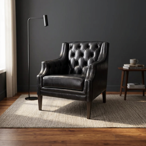 Fauteuil capitonné vintage en similicuir noir - Chaise club de style moderne du milieu du siècle - Sièges de salon - Product Image 4