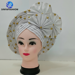 Pañuelo para la Cabeza Aso Oke Nigeriano Azul Real Sinya para <span class=keywords><strong>Grupo</strong></span>, Pañuelo para la Cabeza Africano Auto Gele con Cuentas de Piedras Tradicionales de Alta Calidad - Product Image 3