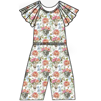 Nouvelle combinaison pour filles OEM ODM à manches volantées, imprimé intégral de dessins animés, tenue une pièce évasée pour tout-petits