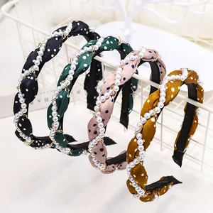 Free shipping hair accessories fine metal chain hairband white round dot fabric headband with pearl
