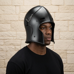 Casque barbuta médiéval noir antique artisanal, armure intégrale avec motif en relief et visière à chaîne - Product Image 1