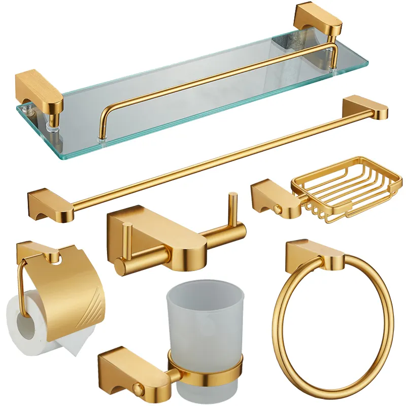 Aluminium Badkameraccessoires Set Gouden Vierkant Tissuehouder Handdoekstang, Zeepkorf Handdoekrek Glasrek Hardware Set