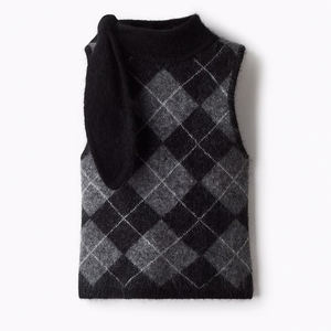 Wiserise مخصص تخفيضات كبيرة للنساء نمط أرجايل سترة متماسكة بلا أكمام مع وشاح التفاصيل ملابس الطبقات - Product Image 5