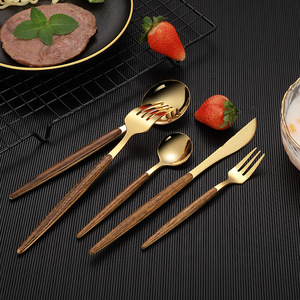 Set di posate effetto legno in acciaio inossidabile 430: coltelli, forchette, cucchiaini, forchettine da tè, coltelli da bistecca e posate per uso quotidiano - Product Image 5