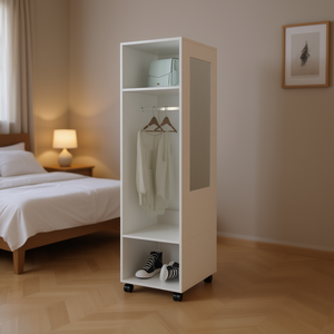 Armario Blanco de 63 Pulgadas de Alto con 3 Estantes, 1 Espejo y 4 Ruedas, Elegante Mueble de Dormitorio - Product Image 2