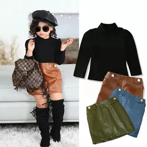 RTS Spring and autumn children's clothes High neck Ribbed long sleeve top Brown leather skirt two-piece girls' skirt set