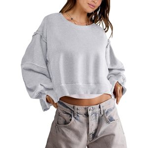 FOXA Women's Cropped Sweatshirt Oversized Crewneck Long Sleeve Lace Detail Drop Shoulder Loose Pullover Spring <b>Winter</b> <b>Top</b> - Product Image 1