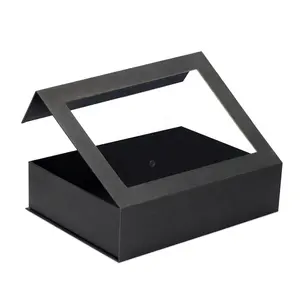 Caja de regalo de miel plegable, productos personalizados de color negro, ventana transparente, caja de embalaje de regalo magnético rígido con inserto de espuma