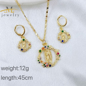 JML 14k 금도금 종교 황동 장신구 세트 도매 성모 마리아 펜던트 드롭 귀걸이 십자가 펜던트 목걸이 클로버 세트 - Product Image 2
