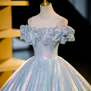 2023 Luxurious Women Lady Elegant Light Blue Girl Quinceanera Prom Party Ball Gown Dress