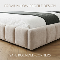 Cadre de lit rembourré moderne, taille Queen, beige, en chenille, lit plateforme, lattes en bois massif, meubles de chambre à coucher, OEM/ODM personnalisé