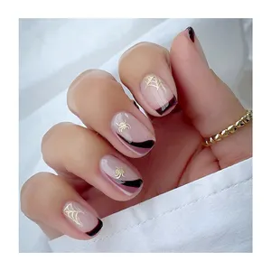 Hot Selling Factory Low Moq French Tips Spider Painting Black Brown Stripes Nail Bed Almond Shape Simple Easy Wear Fake Nails