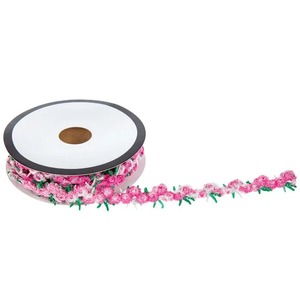 Floral Embroidered Double Face <b>Ribbon</b> 1-1/2 in Pink Green Eco-Friendly Fabric Craft Trim for DIY Decoration & Gift Packaging - Product Image 1