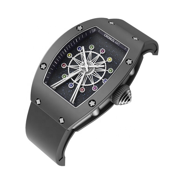 Elegant Ladies' Tonneau Quartz Movement Watch with Ceramic case with OEM Rubber and Colourful Rotating Ferris Wheel Design