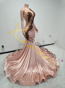 Vestido de Fiesta Largo MF con Pedrería Brillante, Diseño Elegante sin Espalda, Color Sólido Asimétrico, Estampado de Satén Cristal, Lavable - Product Image 4