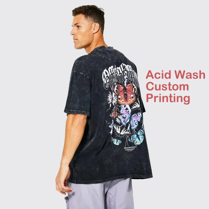 Yüksek kaliteli özel baskılı dijital DTG ağır boş düz erkekler kadınlar büyük boy Acidwashed Vintage pamuk Tshirt T Shirt