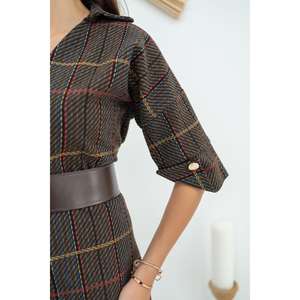 Wholesale Mini Dress <b>Brown</b> <b>Belt</b> Stripe Decoration Zipper XS-XXL Sizes High Quality for Day Party Fall Spring Autumn Occasions - Product Image 1