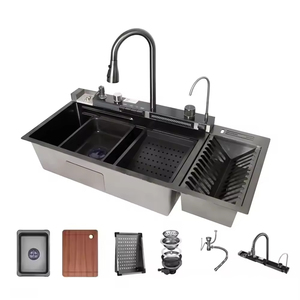 Évier de cuisine multifonctionnel en acier inoxydable SUS304 avec surface alvéolée, cascade et lave-tasses intégré - Product Image 1