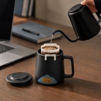 Ensemble de tasses en céramique 3-en-1 avec couvercle et infuseur, design nordique bohème, 450 ml, tasse à café/thé, noir et blanc mat, passe au lave-vaisselle et au micro-ondes