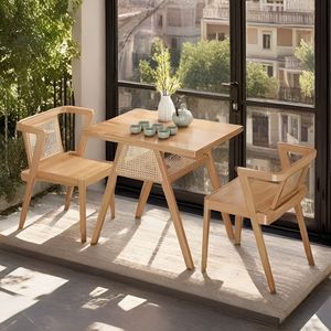 Set Tavolo da Pranzo in Legno Massello di Alta Qualità con <span class=keywords><strong>Sedie</strong></span> Salvaspazio in Legno <span class=keywords><strong>e</strong></span> Rattan - Product Image 3