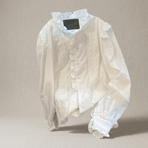 Blusa de Mujer Blanca con Cuello con Volantes, Bordada, Hombros Caídos, Borlas, Color Sólido, Corte Regular, Estilo Retro, Dulce, de Verano, Manga Larga - Product Image 3