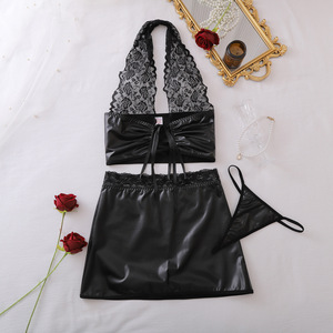Nouvel ensemble de lingerie 3 pièces en cuir PU exotique de haute qualité pour lune de miel, avec dentelle noire sexy et maille, à porter autour du cou pour femme 2026 - Product Image 2