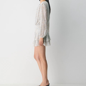 Light Blue Beige Paisley casual <b>skirt</b> Print Tie Neck Long Sleeve <b>Elastic</b> Waist Ruffle Hem Flowy Mini Dress - Product Image 4