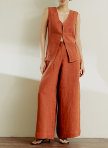 <span class=keywords><strong>Set</strong></span> Due Pezzi di Alta Qualità per <span class=keywords><strong>Donna</strong></span>, Stile Vintage Casual, 100% <span class=keywords><strong>Lino</strong></span>, Gilet Senza Maniche e Pantaloni a Gamba Larga - Product Image 3
