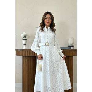 Robe longue élégante en organza blanc, col montant, style vintage, coupe trapèze, avec ceinture, respirante, pour soirée - Product Image 2