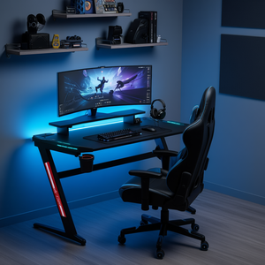 Scrivania da Gaming a Forma di Z Nera con Copertura Angolare, Portabicchieri e Gancio per Cuffie Modello D0100X3HJVT - Product Image 2