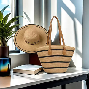 Sac fourre-tout d'été en paille grande capacité, qualité durable, rayures couleur naturelle, prix usine bas, ensemble sac de plage et chapeau – Offre spéciale - Product Image 6