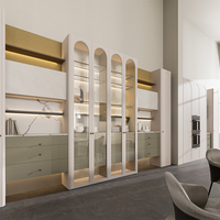 Aparador de comedor de altura ajustable, bicolor crema, con diseño de arco y ranuras, de aglomerado ecológico, y gabinete de vino integrado en toda la pared de OSB