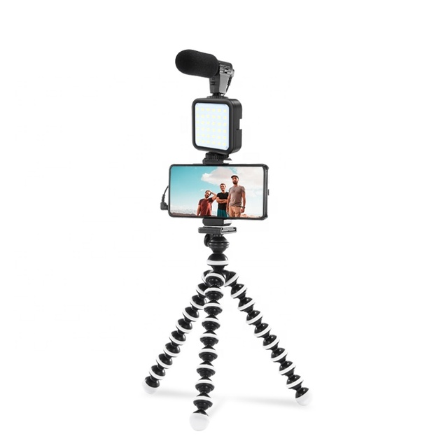 Professional Selfie Youtube Video Vlogging Kit Microphone LED Fill Light with Tripod Portable Phone Holder for Live Stream