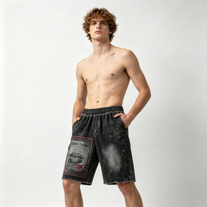 Shorts <span class=keywords><strong>de</strong></span> survêtement délavés pour hommes, en coton épais, avec imprimé graphique journal et machine à écrire, pour l'été, fournisseur en gros - Product Image 3