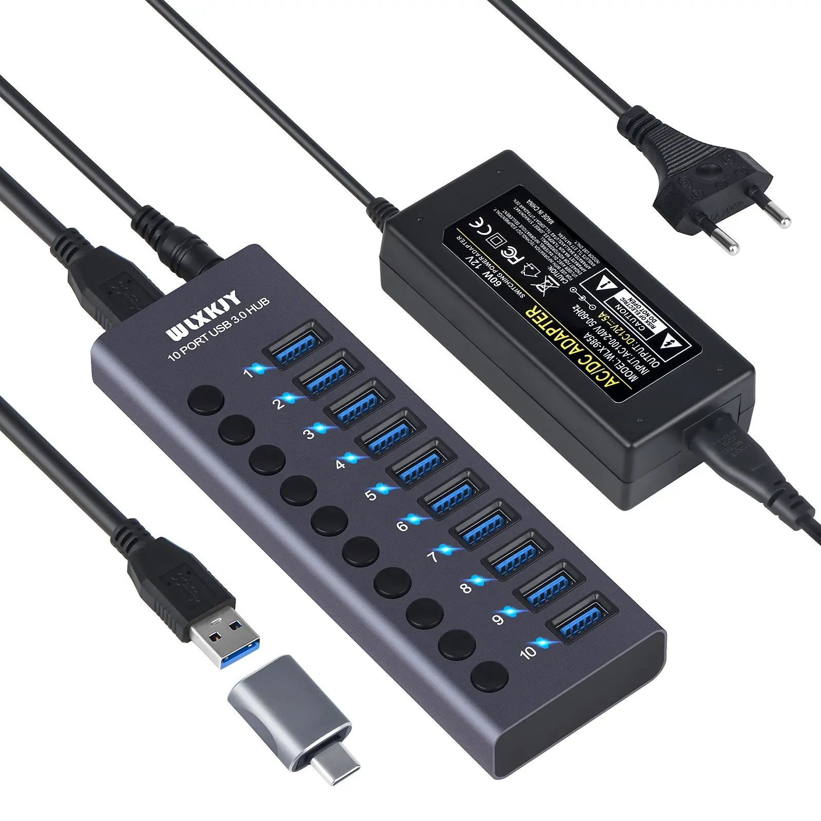 Fabriek In Voorraad High Speed 10 Port Usb 3.0 Usb Hub Met Individuele Led Op