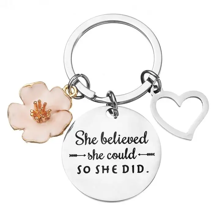 She trusted she could so she did Pink petals Peach heart key chain Stainless steel engraved key chain