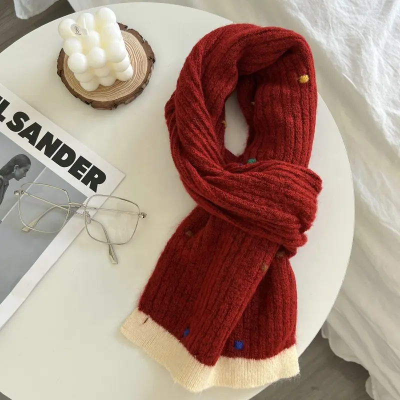 Lenços de caxemira de tricô liso com bolinhas fofos para mulheres outono e inverno