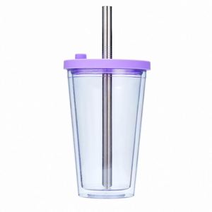16oz <b>Double</b> <b>Wall</b> Plastic Tumbler Portable Reusable Drinking Cup With Universal Boba Lid and Stainless Steel Straw for Milk Tea - Product Image 4