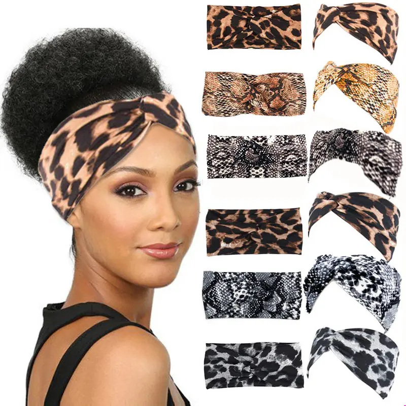 Оптовая продажа, леопардовые женские спортивные повязки для йоги, эластичная широкая повязка на голову