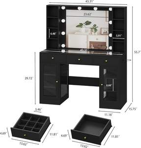 Armadietto in vetro nero moderno con luci a <span class=keywords><strong>LED</strong></span> 3 cassetti tavolo da toletta per camera da letto 3 modalità di colore trucco vanità - Product Image 2