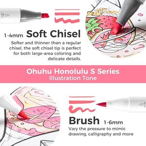 Marcadores de <span class=keywords><strong>alcohol</strong></span> <span class=keywords><strong>Ohuhu</strong></span>: cincel suave 60 Ilustración-pincel de color y cincel suave Marcadores de dibujo de puntas dobles - Product Image 6