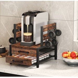 Support de rangement pour dosettes de café en bois avec tiroir et porte-tasses pour machine à café de bureau, grande capacité, design en bois de fer - Product Image 1