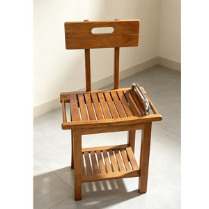 Tabouret de salle de bain en teck à double niveau avec rangement et dossier pour baignoire - Product Image 3