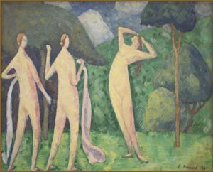 Impression d'art abstrait Art Déco 'Trois femmes' - Figures nues - Peinture à l'huile - Coton pur haute densité - Product Image 1