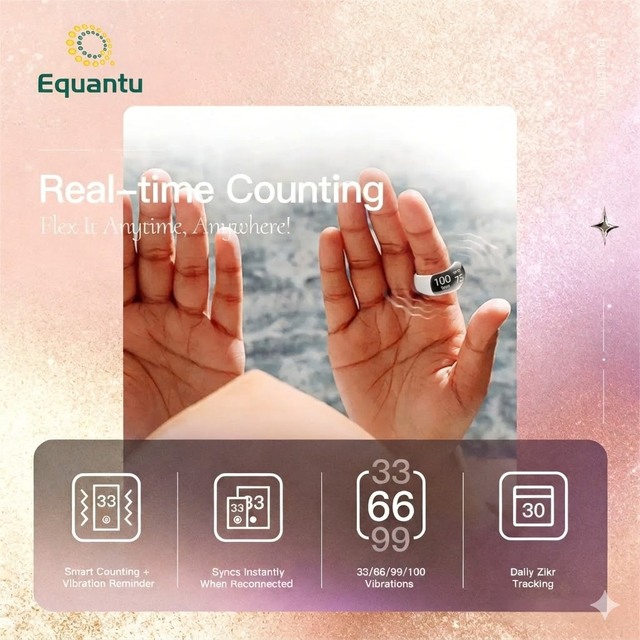 Equantu SQ976 Colorful Electroplated Zikr Ring 5 in 1 Size OLED-Lit Counter Waterproof Nighttime Prayer Companion Tasbeeh Ring