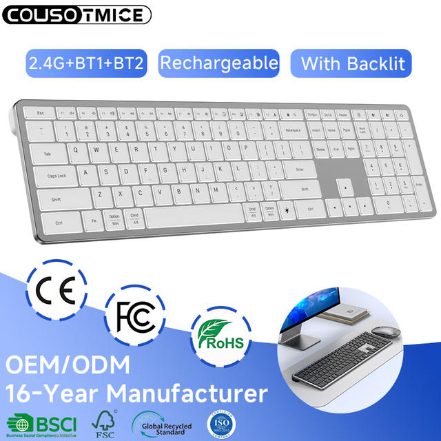 Bluetooth Keyboard Rechargeable 2.4G+BT Ultra-Slim Full Size Quiet Typing for PC/Laptop Wireless Keyboard with Backlilt
